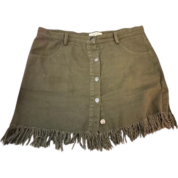 Olive Scent Army Green Fringed Hem Button Fly Skirt, Boho, Size Large - Picture 1 of 5